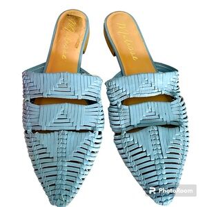 Anthropologie Matisse East End Woven Leather Pointed Toe Sky Blue Mules Size 10